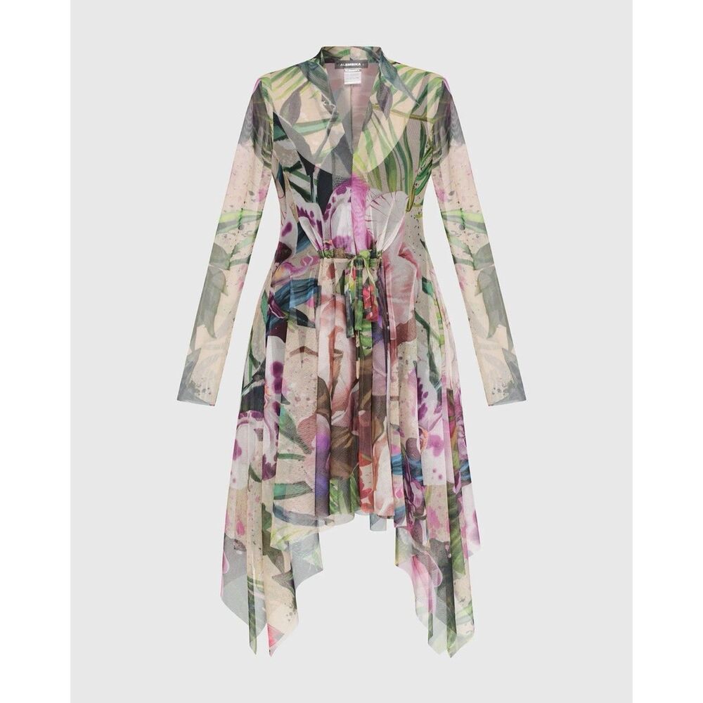 Alembika Moonflower V-Neck Cardigan Tunic Bouquet Women Size 4 Lagenlook Sheer